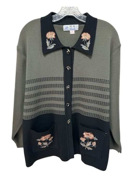 Chaohu Size L/XL Black & Green Wool Flower embroidered Colorblock Cardigan Black & Green / L/XL