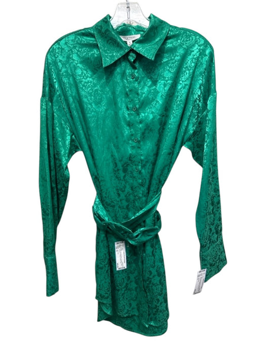 12th Tribe Size S Emerald Green Polyester Floral Jacquard Collared Belted Top Emerald Green / S