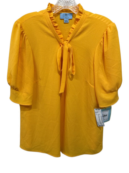 CeCe Size L Marigold Yellow Polyester Blend Textured Short Puff Sleeve Top Marigold Yellow / L
