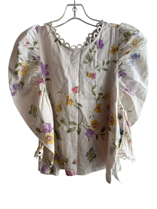 Laura Ashley Size L White & Multi Linen & Rayon Floral Lace Edging Top White & Multi / L