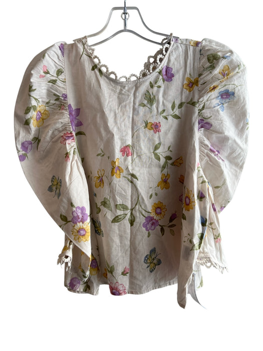 Laura Ashley Size L White & Multi Linen & Rayon Floral Lace Edging Top White & Multi / L