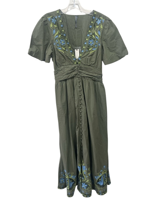 Anthropologie Size S Green & Blue Cotton Short Puff Sleeve Embroidered Dress Green & Blue / S