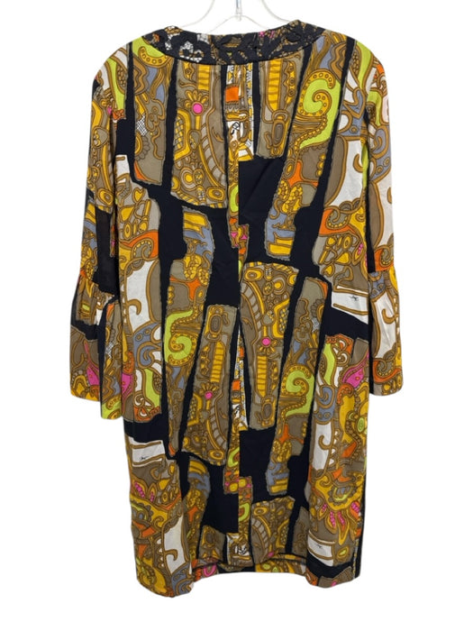 Trina Turk Size M Black, Yellow, Beige Silk & Spandex 3/4 Bell Sleeve Dress Black, Yellow, Beige / M