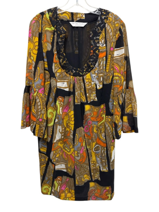Trina Turk Size M Black, Yellow, Beige Silk & Spandex 3/4 Bell Sleeve Dress Black, Yellow, Beige / M