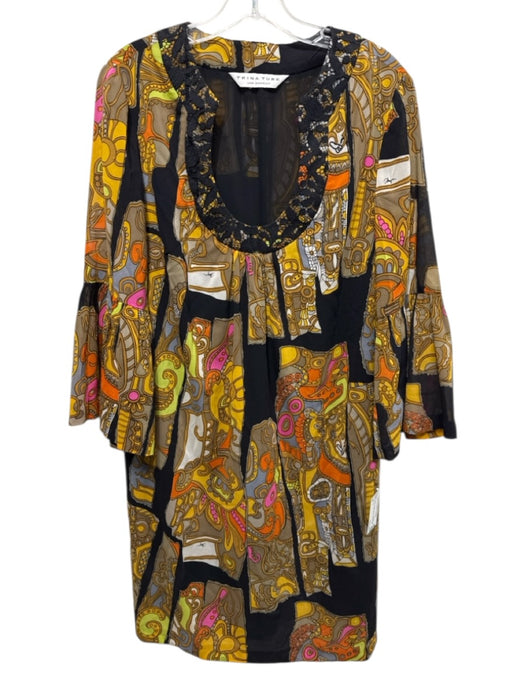 Trina Turk Size M Black, Yellow, Beige Silk & Spandex 3/4 Bell Sleeve Dress Black, Yellow, Beige / M