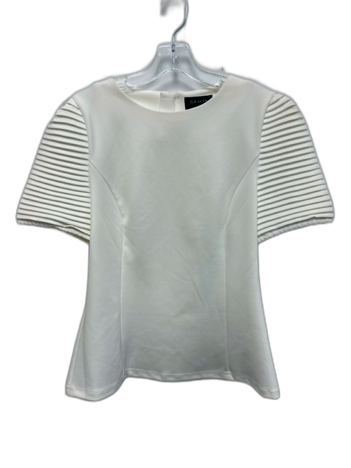 Gracia Size L White Polyester Blend Short Sleeve Pleated Sleeve Round Neck Top White / L