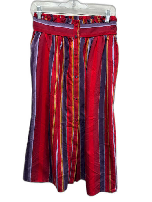 Mango Size S Red, Purple & Tan No Fabric Tag Striped Ruffle Trim Belted Skirt Red, Purple & Tan / S