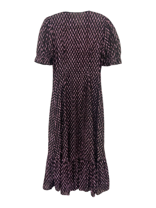 Zara Size L Black & Pink Polyester Button Front Zig Zag Metallic Thread Dress Black & Pink / L