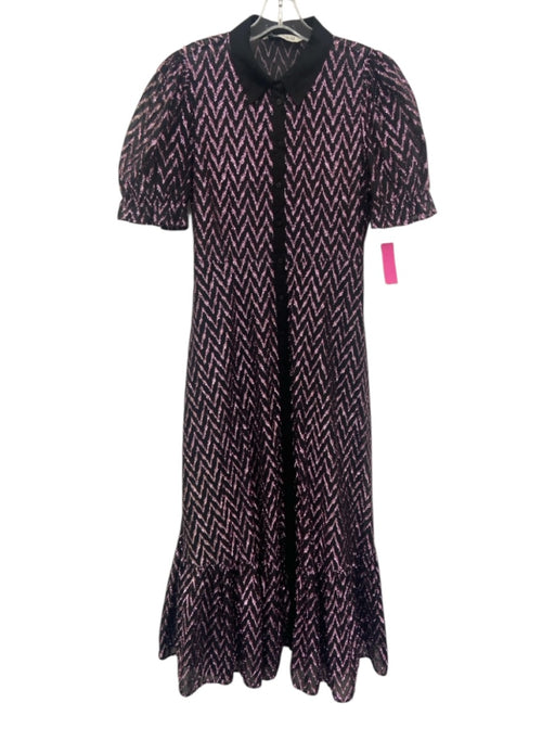 Zara Size L Black & Pink Polyester Button Front Zig Zag Metallic Thread Dress Black & Pink / L
