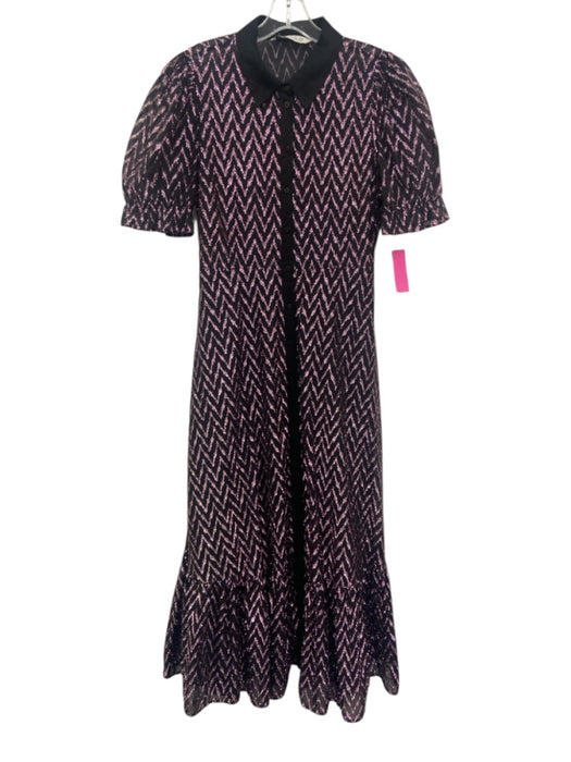 Zara Size L Black & Pink Polyester Button Front Zig Zag Metallic Thread Dress Black & Pink / L