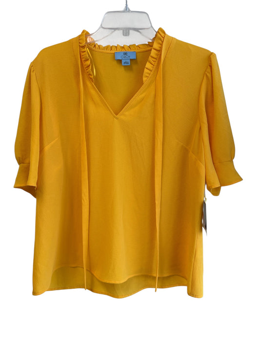 CeCe Size L Yellow Polyester Tie Neck Ruffle Detail Short Sleeve Top Yellow / L
