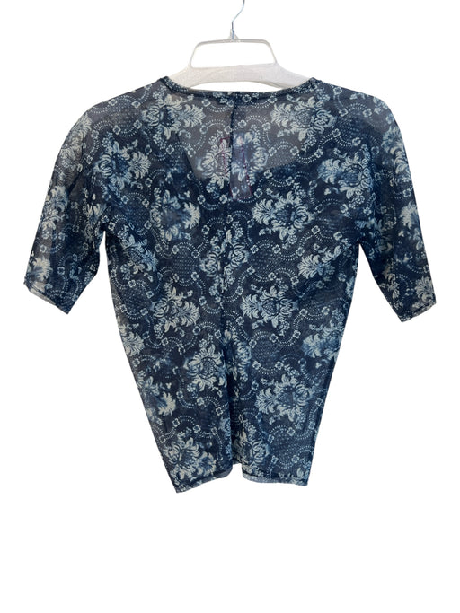Issey Miyake Size 2 Blue Nylon Short Sleeve Sheer Floral Cowl Neck Top Blue / 2