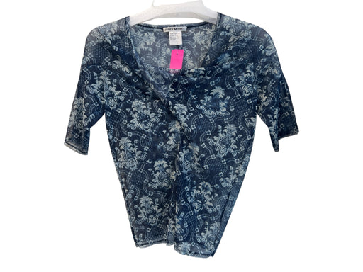 Issey Miyake Size 2 Blue Nylon Short Sleeve Sheer Floral Cowl Neck Top Blue / 2