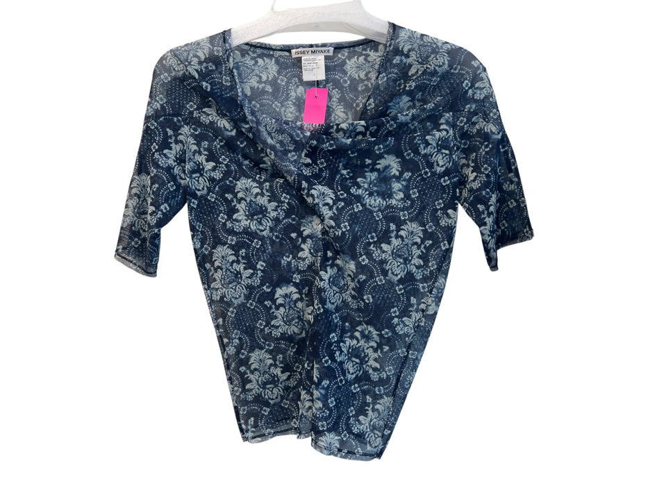 Issey Miyake Size 2 Blue Nylon Short Sleeve Sheer Floral Cowl Neck Top Blue / 2