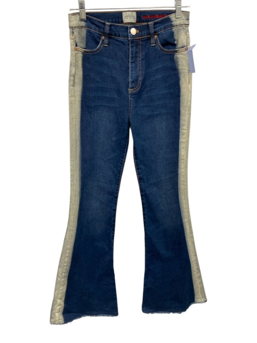 Alice & Olivia Size 27 Blue & Cream Cotton Blend High Waist Flared Raw Hem Jeans Blue & Cream / 27