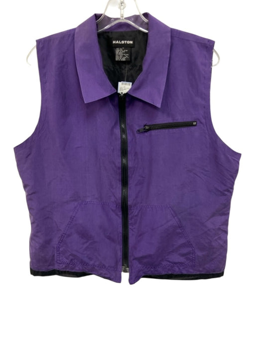 Halston Size L Purple & Black Silk Sleeveless Zip Up Zipper Pocket Collar Vest Purple & Black / L