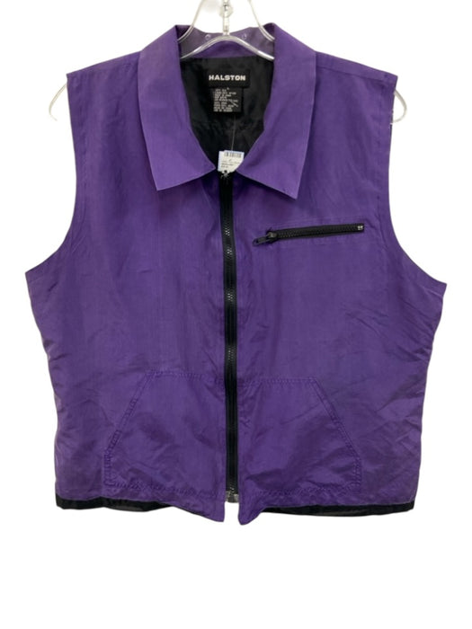 Halston Size L Purple & Black Silk Sleeveless Zip Up Zipper Pocket Collar Vest Purple & Black / L