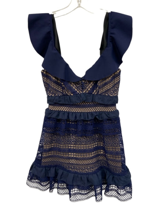 Self Portrait Size 4 Navy Eyelet Lattice Ruffled Scallop Dress Navy / 4