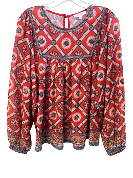 avara Size S Red, Blue & White Polyester Round Neck Semi-Sheer Flowy Top Red, Blue & White / S