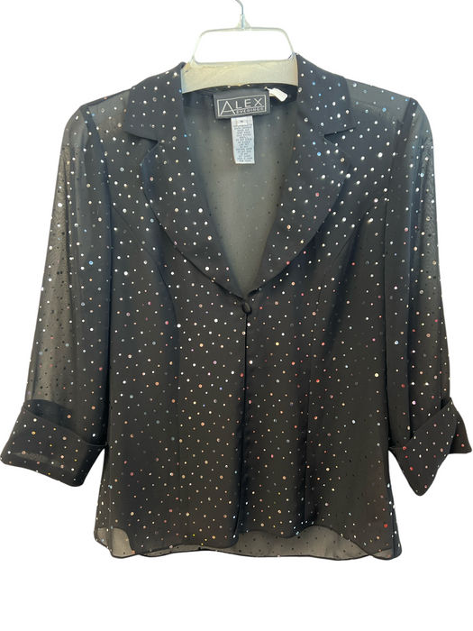 Alex Evenings Size M Black Polyester Collar One Button 3/4 Sleeve Sparkle Top Black / M