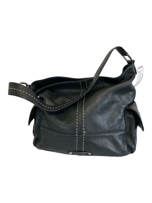 B Makowsky Black Leather Stitch Detail Magnetic Snap Closure Shoulder Bag Black