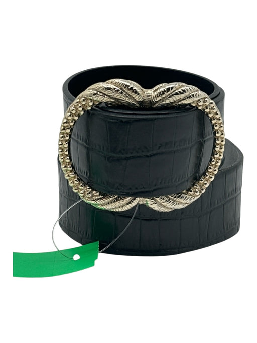 Sezane Artemis Black & Gold Cow Leather Crocodile Embossed Belts Black & Gold / 80