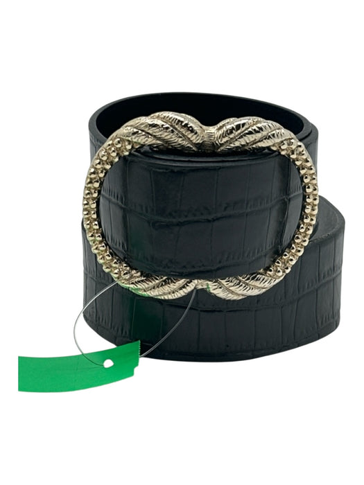 Sezane Artemis Black & Gold Cow Leather Crocodile Embossed Belts Black & Gold / 80