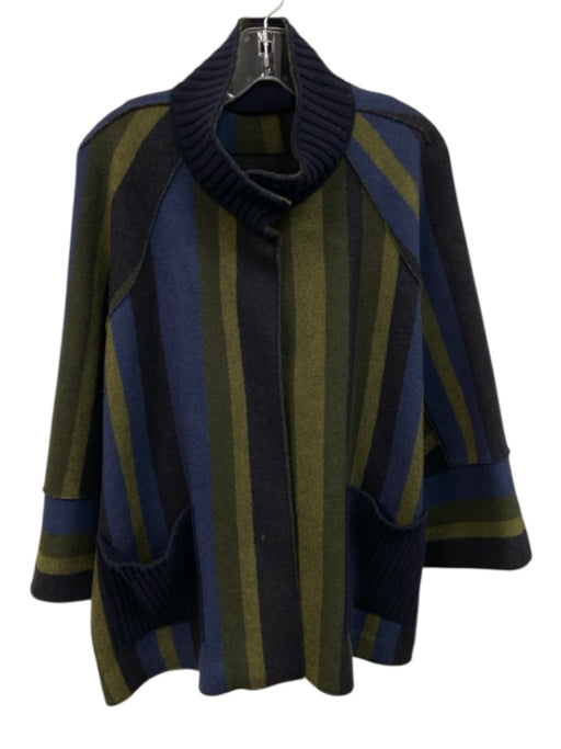 Rosso35 Size 46 Olive Green & Navy Blue Wool Striped Ribbed Knit Detail Coat Olive Green & Navy Blue / 46