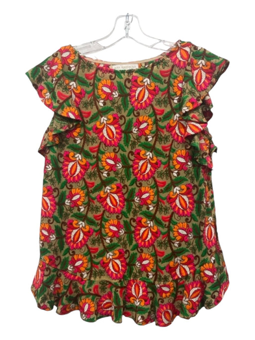 Ann Mashburn Size Small Tan, Fuschia & Green Viscose Ruffle Sleeves Floral Top Tan, Fuschia & Green / Small