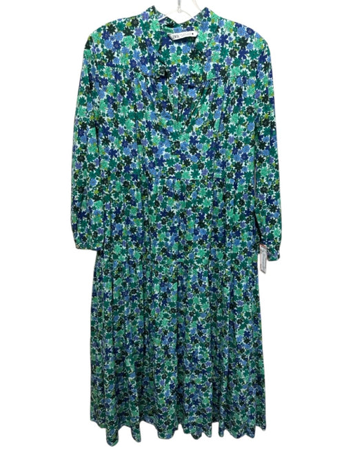 Zara Size S Green, Blue, Purple Cotton Long Sleeve Floral Print Buttons Dress Green, Blue, Purple / S