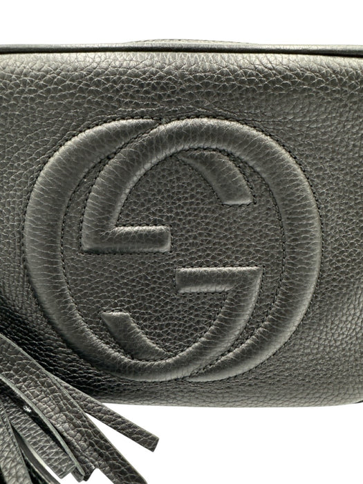 Gucci Black Leather Zip Top Logo Embossed Tassel Detail Crossbody Bag Black