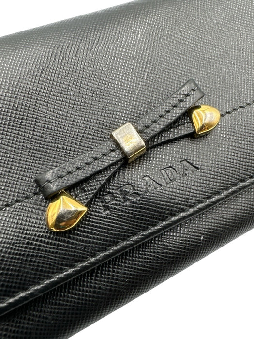 Prada Black Saffiano Leather Bow detail Stamped Logo Snap Button Wallets Black