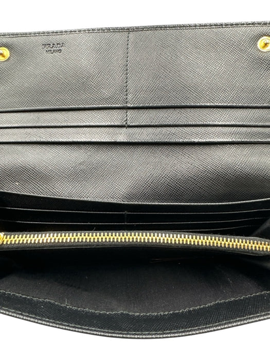 Prada Black Saffiano Leather Bow detail Stamped Logo Snap Button Wallets Black