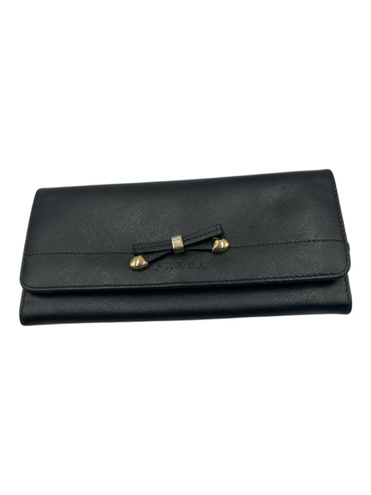 Prada Black Saffiano Leather Bow detail Stamped Logo Snap Button Wallets Black