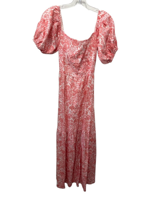 Peony Size M Coral Pink & White Linen Short Puff Sleeve Wide Neck Maxi Dress Coral Pink & White / M