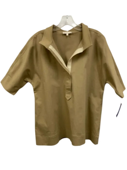 Ann Mashburn Size M Beige Cotton Short Sleeve Split Neck Collar Top Beige / M