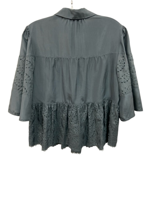 Rebecca Taylor Size 10 Slate Blue Silk 1/2 Sleeve Floral Eyelet Tie V Neck Top Slate Blue / 10