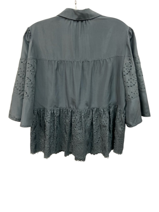 Rebecca Taylor Size 10 Slate Blue Silk 1/2 Sleeve Floral Eyelet Tie V Neck Top Slate Blue / 10
