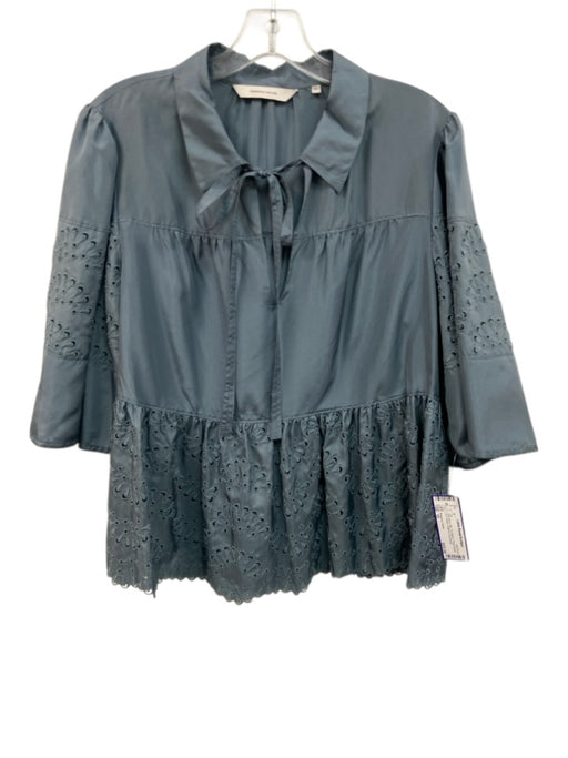 Rebecca Taylor Size 10 Slate Blue Silk 1/2 Sleeve Floral Eyelet Tie V Neck Top Slate Blue / 10