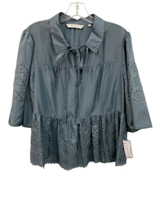 Rebecca Taylor Size 10 Slate Blue Silk 1/2 Sleeve Floral Eyelet Tie V Neck Top Slate Blue / 10
