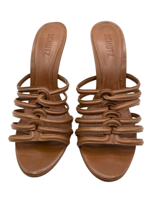 Schutz Shoe Size 8.5 Brown Leather Wood Heel Strappy Open Toe Wedges Brown / 8.5