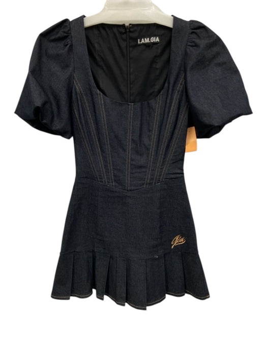 I.AM.GIA Size Est Small Dark Wash Cotton Blend Short Bubble Sleeve Pleated Dress Dark Wash / Est Small