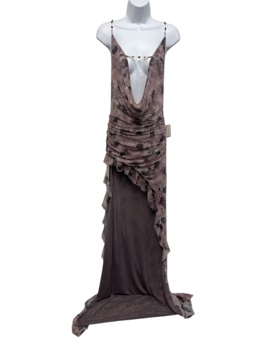 Jaded London Size 4 Purple & Brown Polyester High Neck Floral Open Back Dress Purple & Brown / 4
