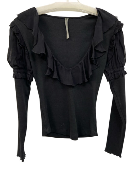 By Anthropologie Size XS Black Cotton Blend Long Sleeve Ruffles Ribbed Top Black / XS