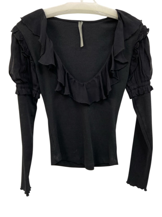 By Anthropologie Size XS Black Cotton Blend Long Sleeve Ruffles Ribbed Top Black / XS