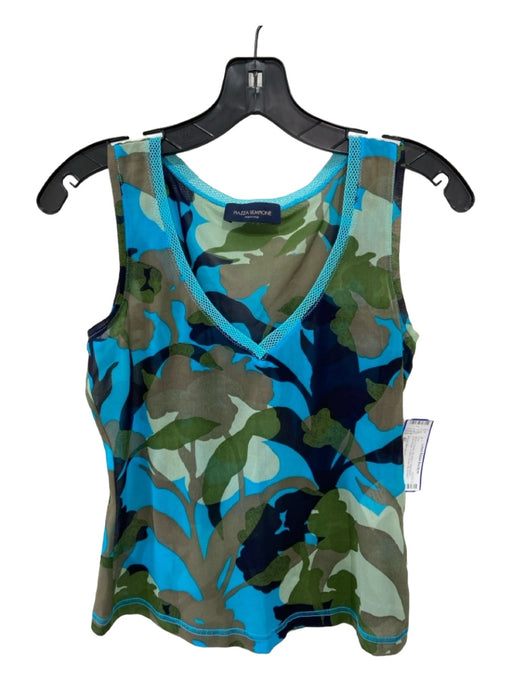 Piazza Sempione Size 40 Blue & Green Silk Blend Sleeveless Camoflage V Neck Top Blue & Green / 40