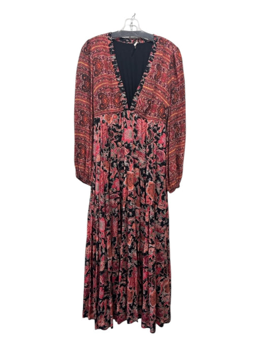 Free People Size XS Pink & Black Rayon V Neck Long Sleeve Maxi Dress Pink & Black / XS