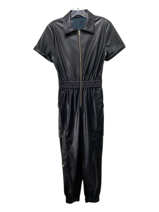 Alice + Olivia Size 2 Black Faux Leather Zip Front Elastic Waist Jogger Jumpsuit Black / 2