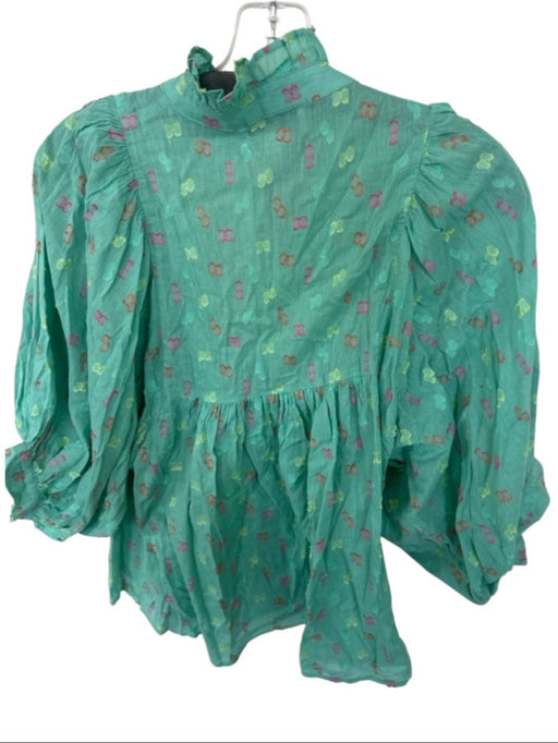 Never a Wallflower Size M Green & Orange Cotton Long Sleeve Ruffle Collar Top Green & Orange / M