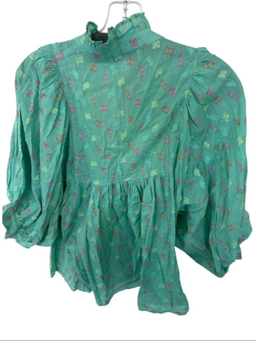 Never a Wallflower Size M Green & Orange Cotton Long Sleeve Ruffle Collar Top Green & Orange / M
